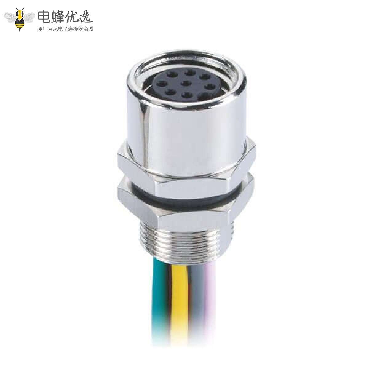 M8传感器插座8芯A型防水板端后锁焊线式母座接1米26AWG线