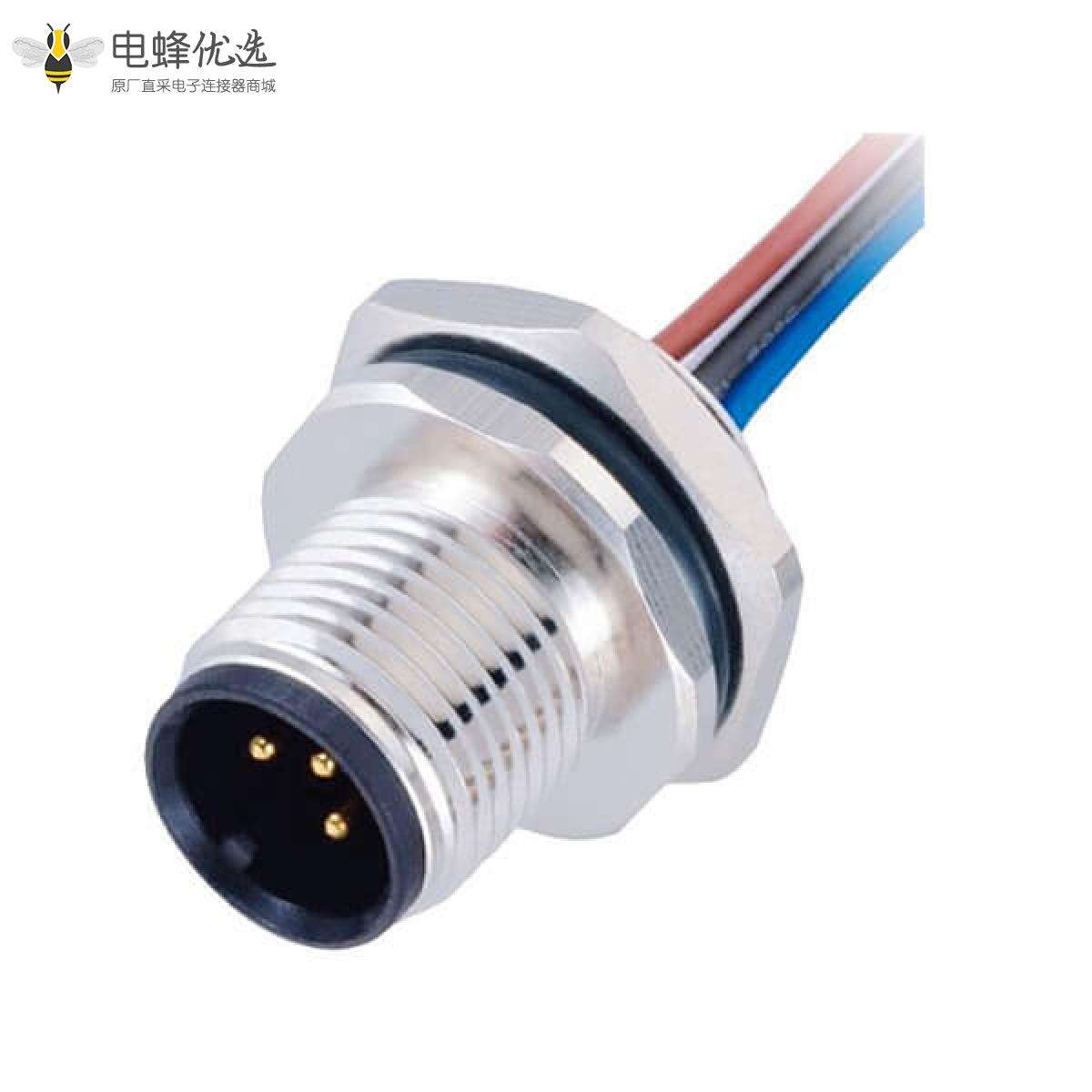 M12防水插头3pin A型板端公座子后锁焊接带线50CM