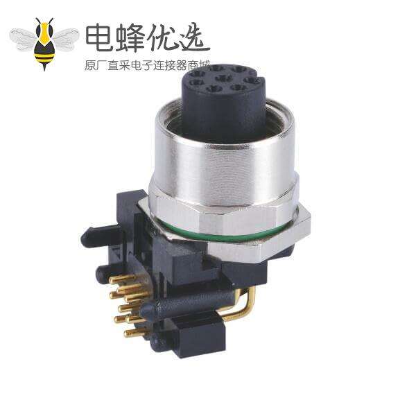 防水连接器弯头8芯M12母头PCB插板座子