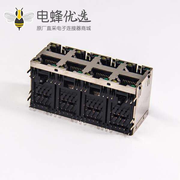 rj45网口接头母座2&times;4端口弯式带屏蔽外壳带弹带灯