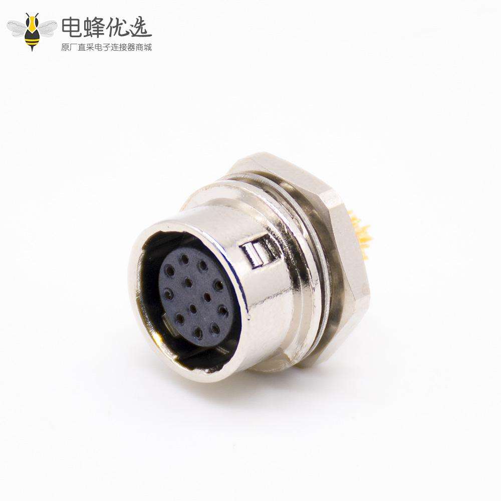 推拉式自锁12芯孔焊线母插座直式焊杯后锁板HR10系列微型推拉自锁连接器