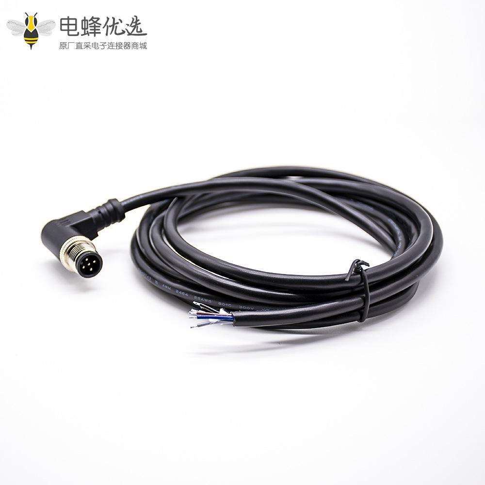 M12连接器5芯A编码公头90&deg;弯头注塑成型式单边线2M不带屏蔽