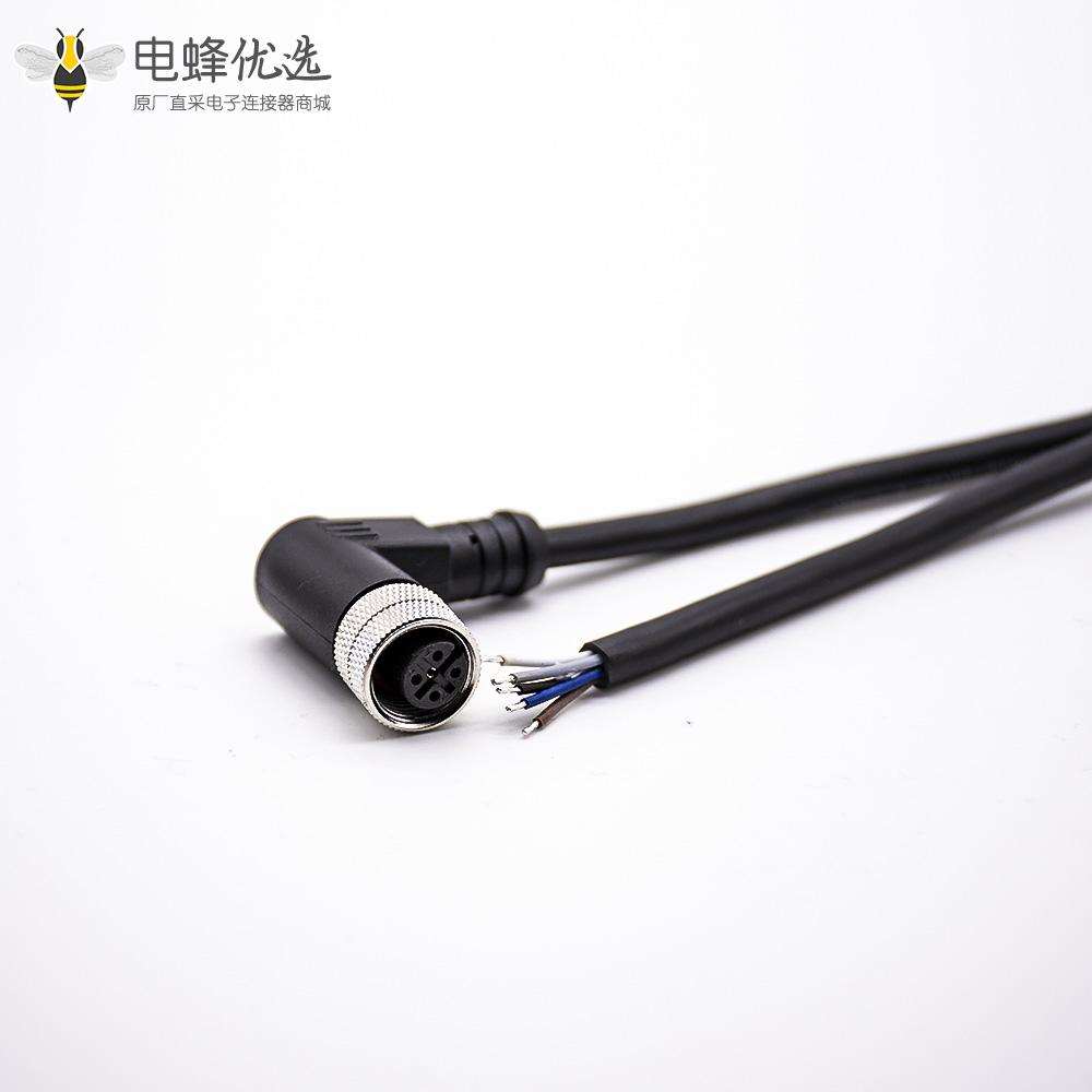 M12连接器5孔电缆A编码5芯母头90度弯注塑线不带屏蔽单边线2M