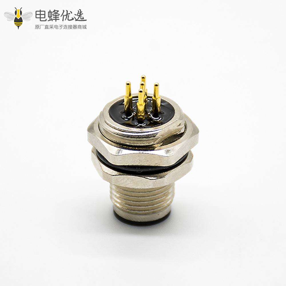 传感器公头插座A扣180&deg;PCB板安装后锁板5芯M12防水连接器