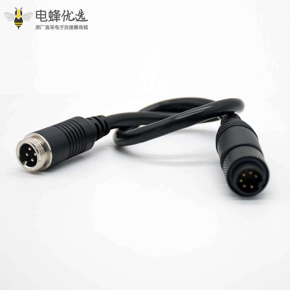 圆形MINI DIN连接器直式6芯公头转GX12 4芯公头卡扣式黑色注塑线0.3M 24AWG PVC