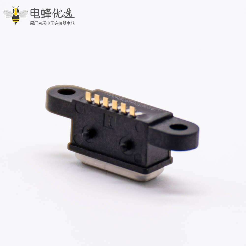 Type C防水母座防水等级IPX8带防水圈带耳朵带孔贴板6芯连接器
