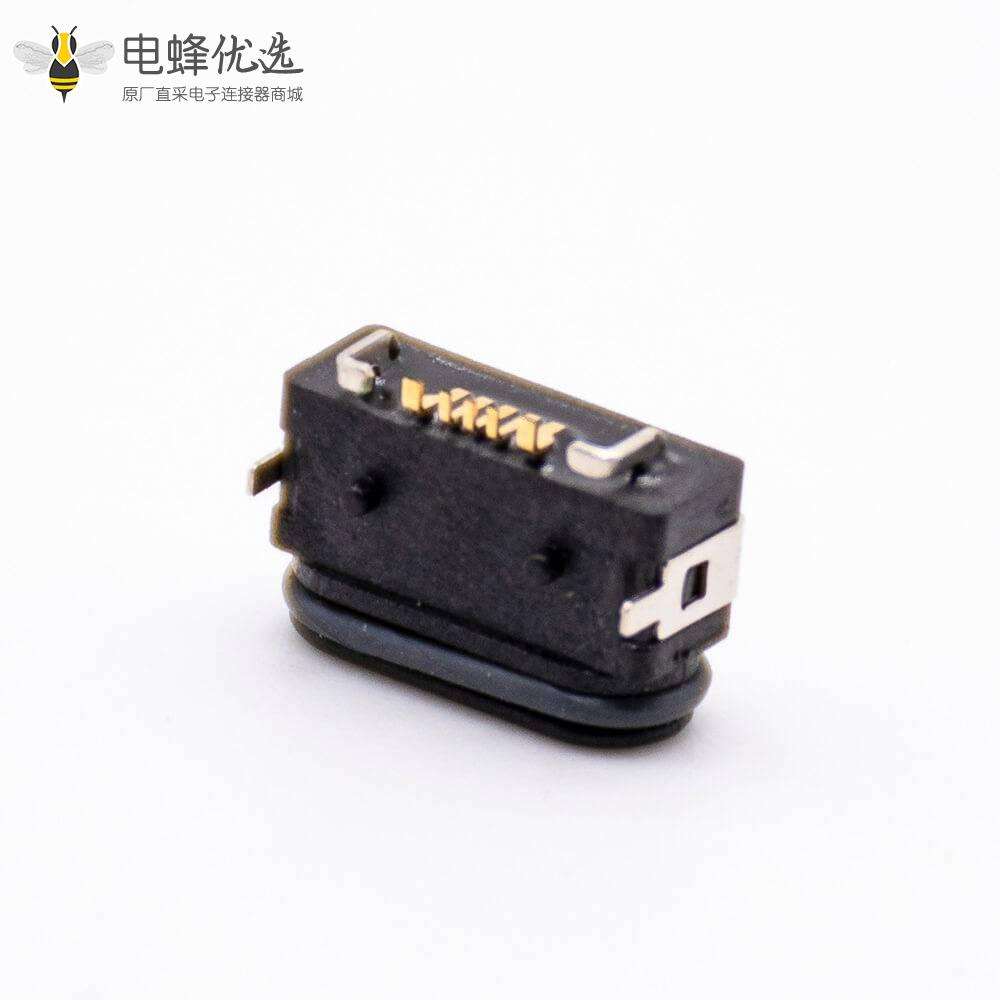 MICRO USB母座防水5芯B型不带耳朵前插后贴IPx8板上型底部有插脚电流3A