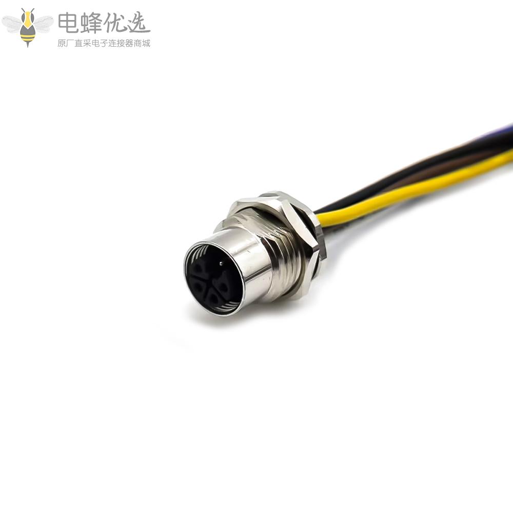 M12_L编码coding连接器4+PE母头大电流防水板端插座M16X1.5前锁带1米线