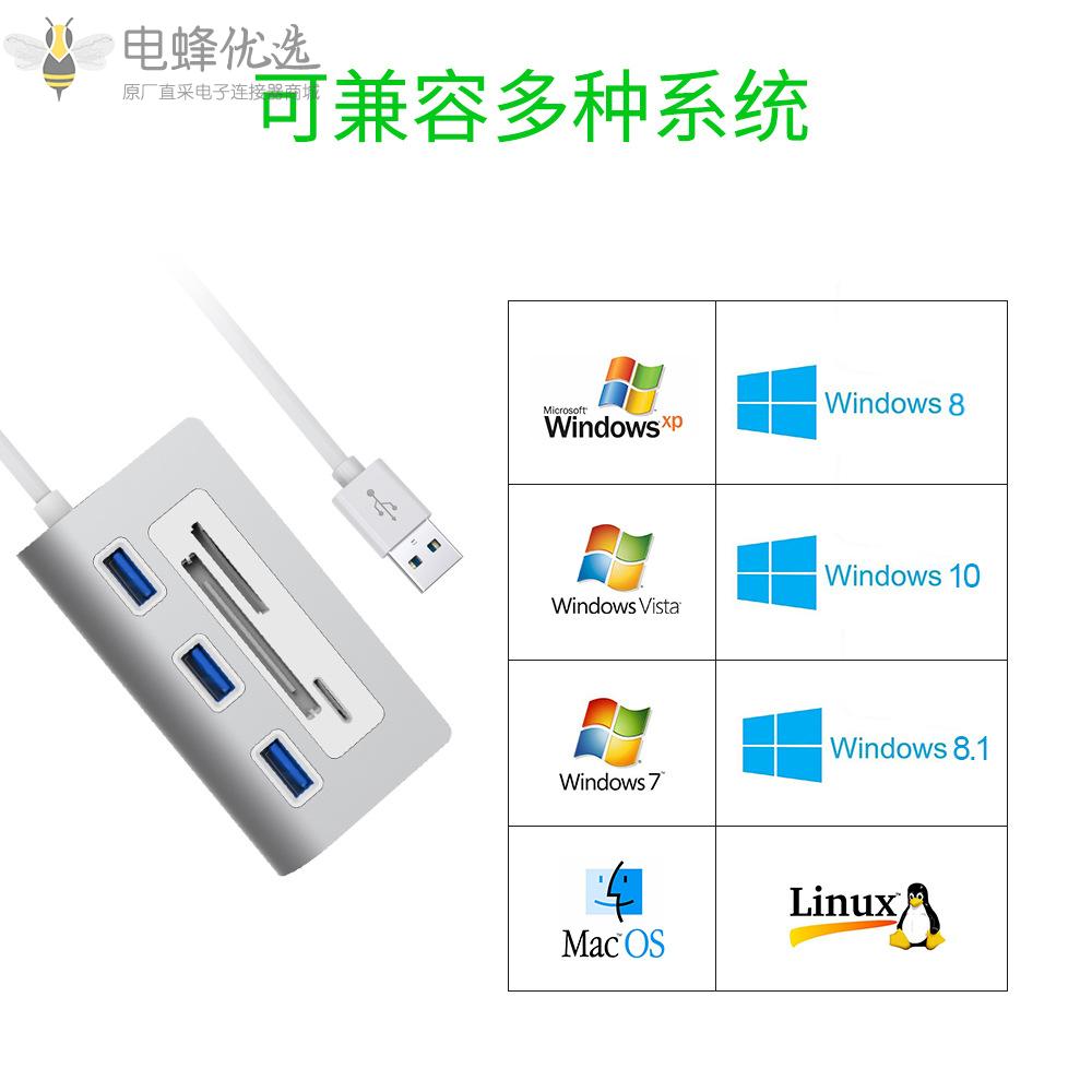 Rocketek集线器USB3.0分线器HUB一拖三SD/CF/TF卡读卡器拓扩展坞