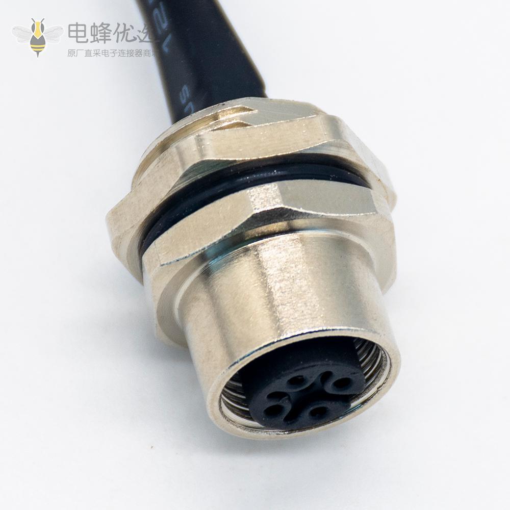 M12接头母4pin A-型板端后锁焊接带线型传感连接器