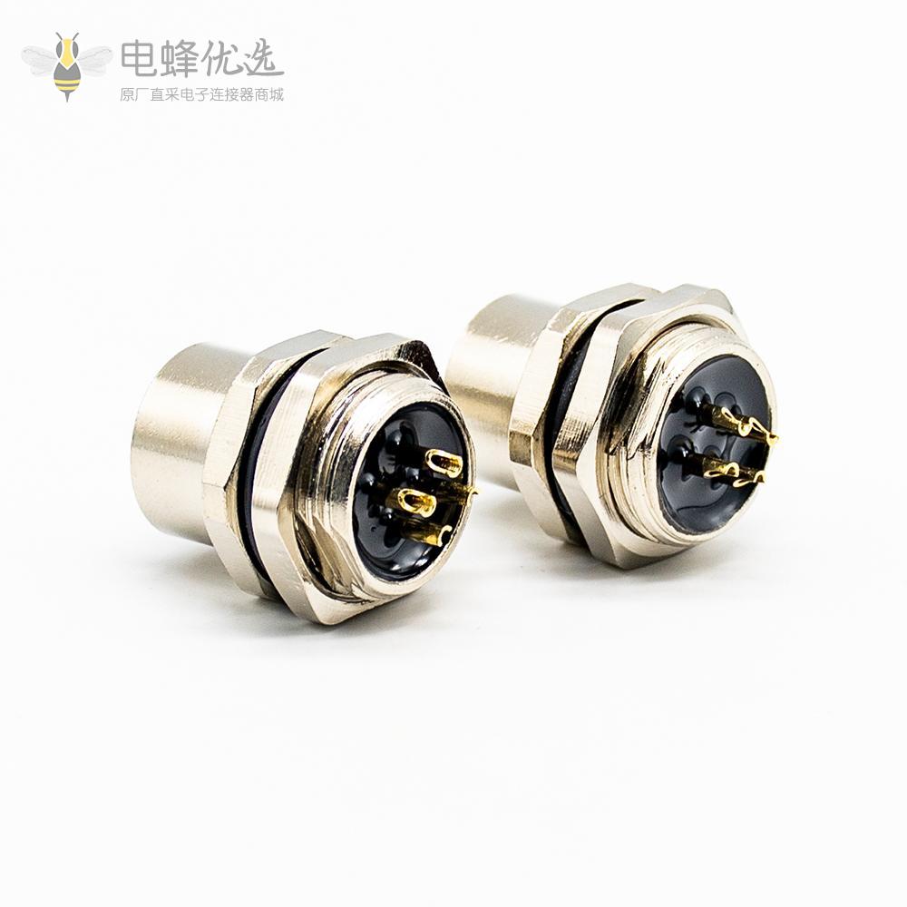 4芯插座M12板端插座A扣直式母头后锁板接线焊接式连接器